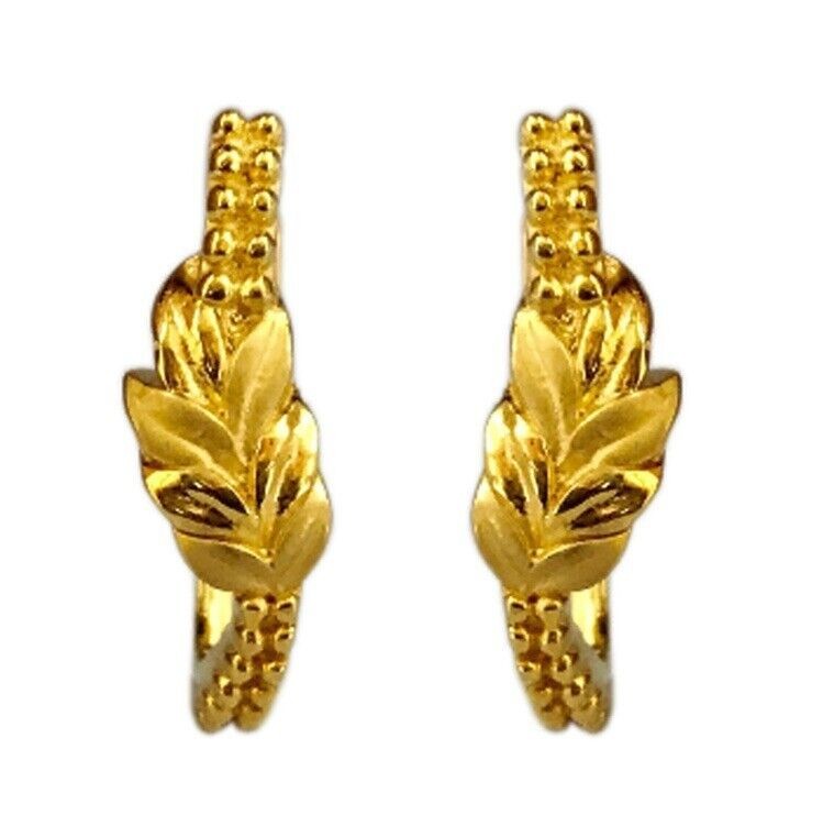STYLISH HIGH FINISHED LEAF DESIGN HOOPS 18K PURE GOLD EARRINGS ENGLISH LOCK